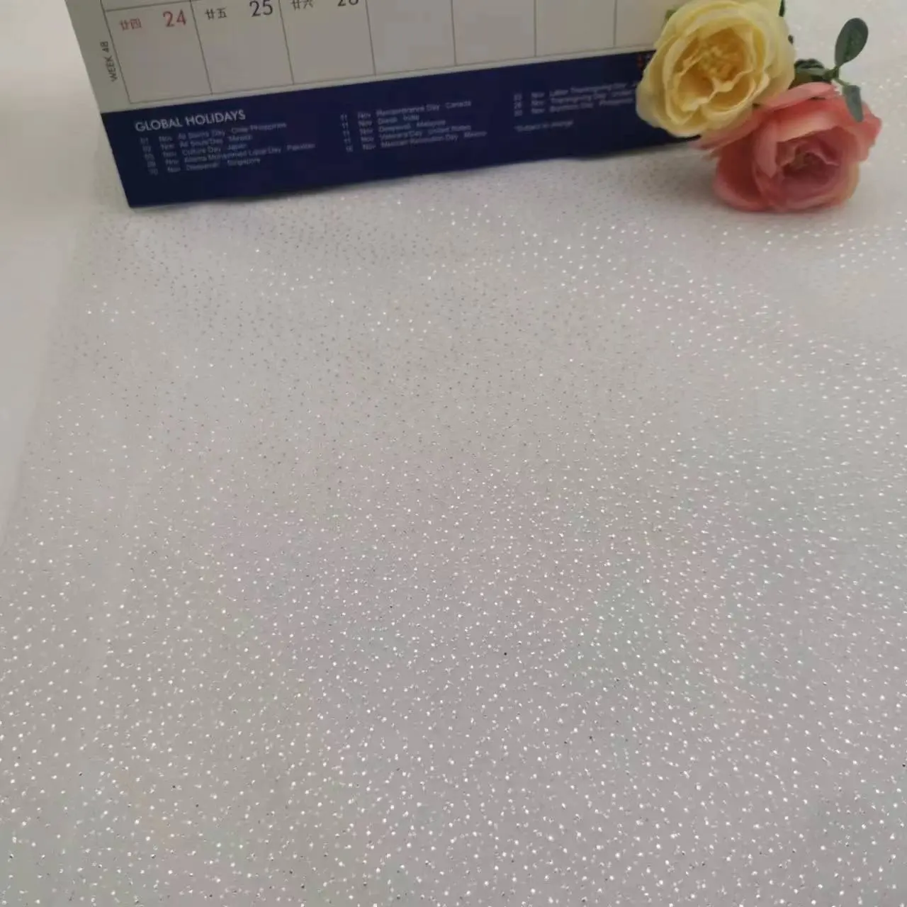 Factory Manufacturer 100%Nylon 16GSM Light Weight Knitting Korea Shiny Glitter Print Foil Tulle Mesh Foil Dot Fabric Fo Dress