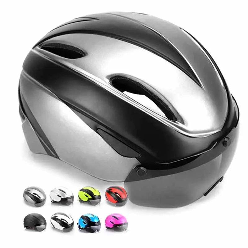 Casque de vélo ultraléger en EPS PC Lunettes de sécurité respirantes pour vélo de route avec visière LED argentée pour VTT, cyclisme et équitation