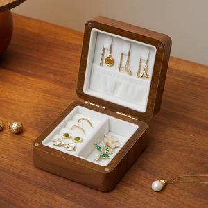 Fan Yu Black Walnut Wood Jewelry Box Small Square Retro Style With Lids For Earrings Necklaces <b>Rings</b> <b>Storage</b> - Product Image 1