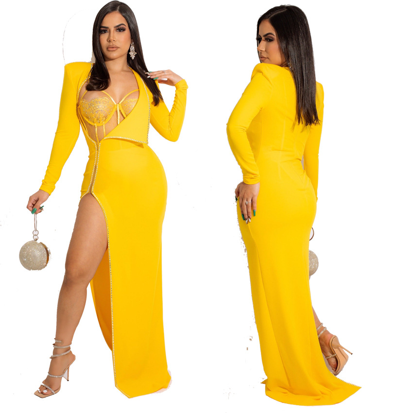 Fashionable Rhinestone Decoration Side Slit Nightclub Dress Long Sleeve Solid Color Bodycon Dress Women Party Dresses