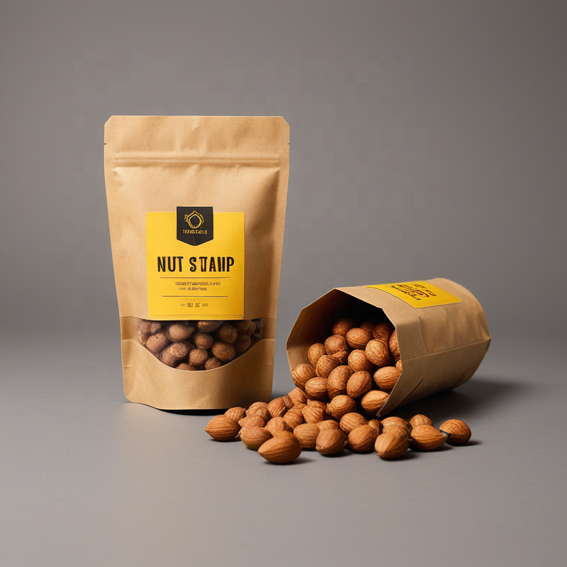 Custom Logo Flat Bottom Self-Standing Resealable Kraft Paper Bag Zipper Transparent Window for Potato Chips Sugar Plastic Bags