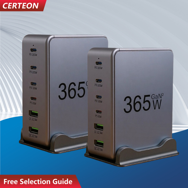 365W GaN Desktop Charging Station USB-C Charger Multi-Port PD Fast Charger 120W Type-C USB-A for Laptop Phone Tablet