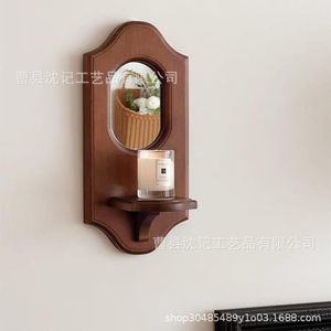 Wooden Retro <b>Wall</b> <b>Mounted</b> <b>Shelf</b> With Mirror For Candles Plants Home Decor Bedroom Living Room Storage Organizer - Product Image 3