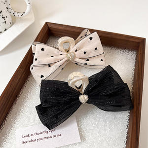 Horquilla vintage de gasa con lunares y lazo para mujer, accesorios para el pelo, clip de agarre grande con perla y diamantes de imitación, venta al por mayor - Product Image 6