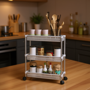 Chariot de rangement blanc à 3 niveaux avec roulettes, organisateur de cuisine multifonction, étagère autoportante - Product Image 2