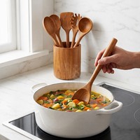 Juego de utensilios de cocina de madera de acacia de 6 piezas: espátula, espumadera, cuchara para fideos, cuchara para sopa, cucharas para servir, mango largo de 34 cm, venta al por mayor
