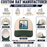 Casquette Trucker personnalisée à 5 panneaux, dos en maille vert crème, avec patch imprimé paysage, pour les vacances d'été à la plage, OEM ODM