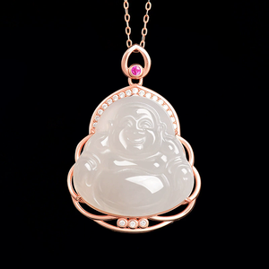 Material antiguo natural auténtico y colgante de jade de Buda sonriente de jade Tianyu, con incrustaciones de plata S925 - Product Image 1