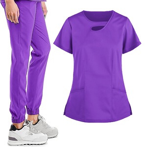 Women Scrub Uniform Set Short Sleeve Knitted Moisture Wicking Hospital Workwear Split Design For Medical Spa Use - Product Image 5