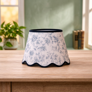 Premium Linen Floral <b>Lampshade</b> | Vintage Blue & <b>White</b> Botanical Printed Fabric Shade with Scalloped Wave Edge & Black Trim - Product Image 2