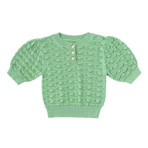 เสื้อถักเด็กผู้หญิง แขนสั้น คอวี ติดกระดุม แบบครอป ลายตาไก่ - Product Image 4