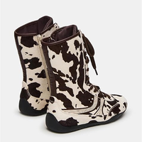 Bottes à lacets personnalisées en gros pour femmes, bottes mi-mollet à imprimé vache pour femmes, bout rond avec fermeture éclair latérale