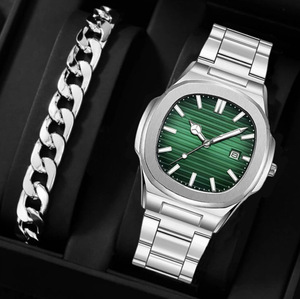 Orologio da Polso da Uomo con <span class=keywords><strong>Quadrante</strong></span> <span class=keywords><strong>Quadrato</strong></span>, Cinturino in Acciaio Inossidabile, Calendario, Movimento al Quarzo e Set Bracciale - Product Image 1