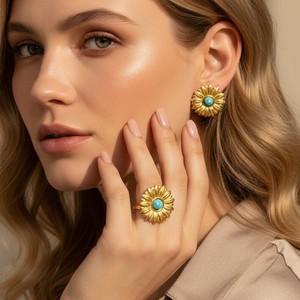 Flower <b>Stud</b> <b>Earrings</b> And Rings Set Stainless Steel Gold Plated <b>Turquoise</b> Pearl Inlay Jewelry For Gift - Product Image 2