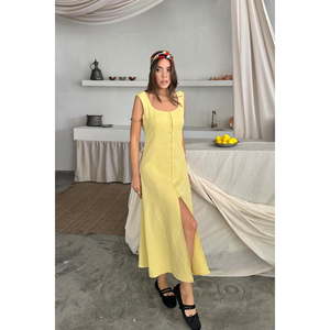 Vestido de lino sin mangas con cuello cuadrado, amarillo S, ajuste informal - Product Image 5
