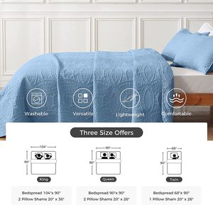 3 pièces Couvre-<span class=keywords><strong>lit</strong></span> Oversize Reine À Ultrasons Gaufrage Léger Couette Ensemble Doux Réversible Couverture pour Toute La Saison <span class=keywords><strong>Bleu</strong></span> Clair - Product Image 4
