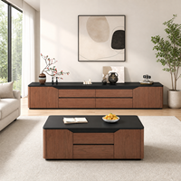 Ensemble de meuble TV et table basse en bois à coins arrondis de style mid-century, mobilier de salon moderne minimaliste de luxe