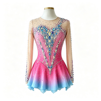 Robe de patinage et de danse pour enfants et adultes, dégradé rose et bleu, manches longues en maille, dos incurvé avec strass, pour compétition et spectacle de patinage sur glace