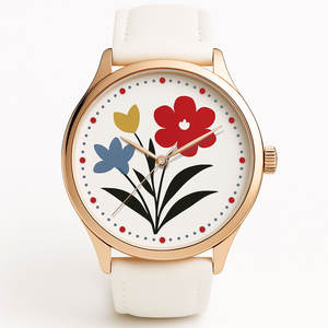 Montre Mode Femme Cadran Floral Boîtier en or <span class=keywords><strong>rose</strong></span> Bracelet en cuir blanc Élégant Décontracté Élégant - Product Image 1