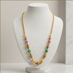 Collar Mala Antiguo de Plata 925 con Cuentas Rosas y Verdes y Detalles de Perlas, Joyería Étnica Tradicional para Mujer, Regalo de Boda - Product Image 4