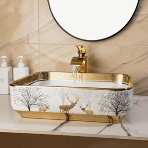 Modern Ceramic Black <strong>Gold</strong> White Freestanding Rectangular Bathroom Sink - Product Image 1
