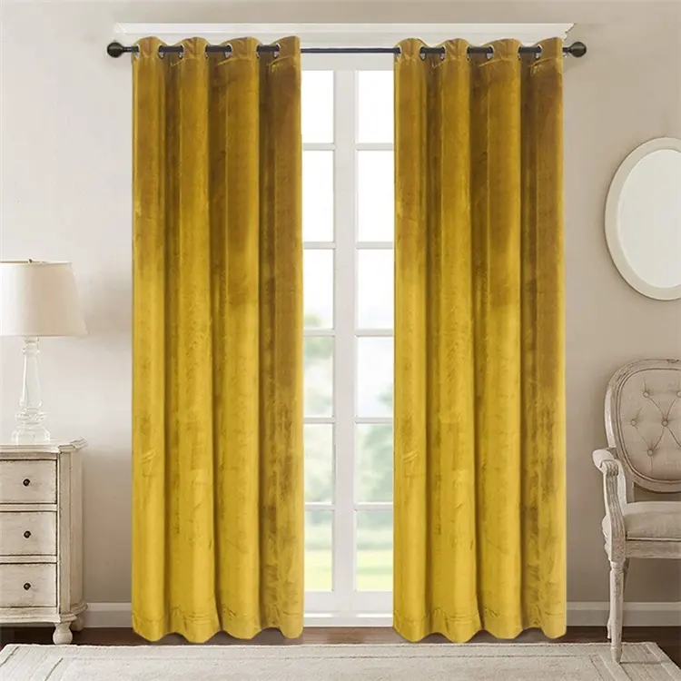 Super Soft Yellow Simple Style Window Thermal Insulated Washable Grommet Custom Velvet Blackout Window Curtains//