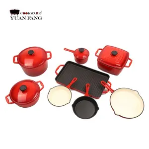 Hot Bán Bếp đồ nấu nướng chậu và chảo màu đỏ không dính gang men 12 cái Cookware sets