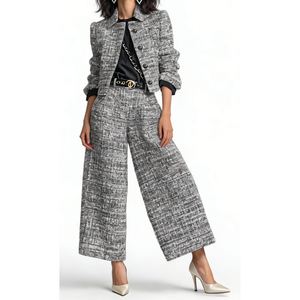 Completo da <span class=keywords><strong>Donna</strong></span> in <span class=keywords><strong>Tweed</strong></span> con <span class=keywords><strong>Blazer</strong></span> e Pantaloni a Gamba Larga - Elegante Outfit Formale da Ufficio con Tessuto Strutturato Sehe Fashion - Product Image 3