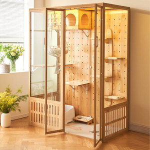 Villa pour chat grande taille, en bois, pour intérieur, avec panneaux en verre, enclos multifonctionnel pour animaux de compagnie, pour usage domestique - Product Image 2