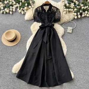 Robe de soirée élégante en dentelle avec ceinture à nouer, coupe trapèze, pour femme, garantie qualité. - Product Image 2