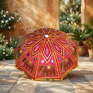 Parasol de jardin extérieur rose avec broderie d'éléphant, miroir intégré, structure en aluminium, pour la décoration de la maison et du patio - Product Image 2