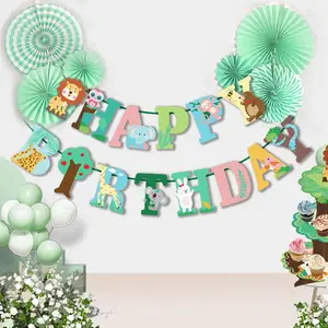 Forest Lion Animal Children Happy Birthday Pull Flag decorazione per feste Banner Letter banner Party paper banner