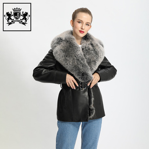Janefur New Arrival Black Luxury Ladies Sheep Skin Belted Coat With Full <strong>Real</strong> Fox Fur Collar Woman Winter <strong>Real</strong> <strong>Leather</strong> <strong>Jacket</strong> - Product Image 2
