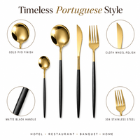 Ensemble de couverts de luxe en acier inoxydable 304 style portugais avec revêtement PVD or, finition miroir, manches noires, cuillère à soupe, fourchette, couteau