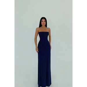 Vestido de Fiesta Azul Marino de Satén de Poliéster sin Tirantes, Corte A, Cuello Alto, Fruncido con Volantes, Cintura Natural, Largo hasta la Rodilla, Sencillo para Verano - Product Image 3