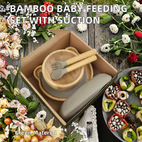 Ensemble de vaisselle en silicone et bois de qualité alimentaire pour bébé, écologique, bol, assiette, fourchette, cuillère en bambou, design de dessin animé, doux, facile à fixer par aspiration