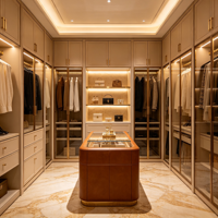 Dressing sur mesure moderne de luxe avec îlot, porte vitrée et bande lumineuse LED pour projets de villas et appartements
