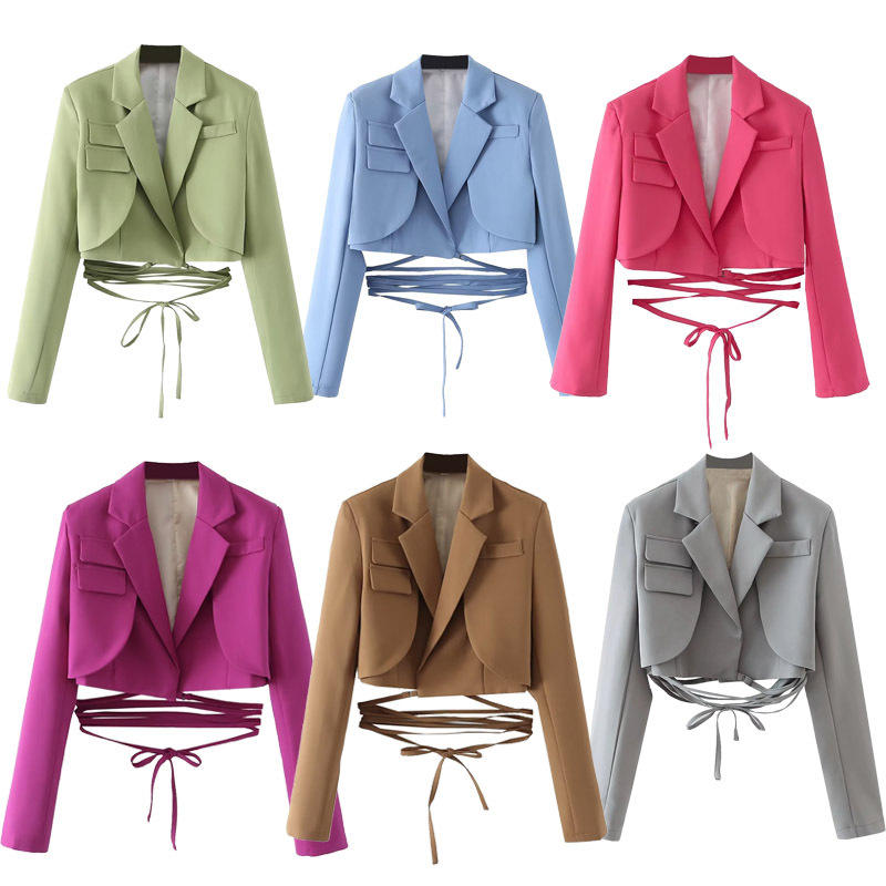 Korean Version Tuxedo Suits Solid Color Waist Tie Rope Jacket Woolen Knitted Fabric Button Decoration Fashion Short Suit Jacket