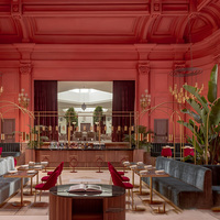 Ensemble de meubles de restaurant, canapé, mobilier d'intérieur maximaliste, suite de meubles de qualité supérieure, sièges en velours contrasté, chaise en velours rouge rubis