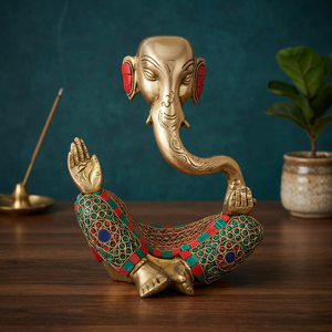 Idole traditionnelle en laiton de Ganesh Bhagwan avec tronc, pour Diwali, artisanale, avec design de tronc - Product Image 5