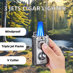 Portable Metal Multi-Function 3-Jets Flame Cigar Lighter with V-Shaped Cutter &amp; Cigar Punch Windproof Refillable <strong>Gift</strong> - Product Image 2