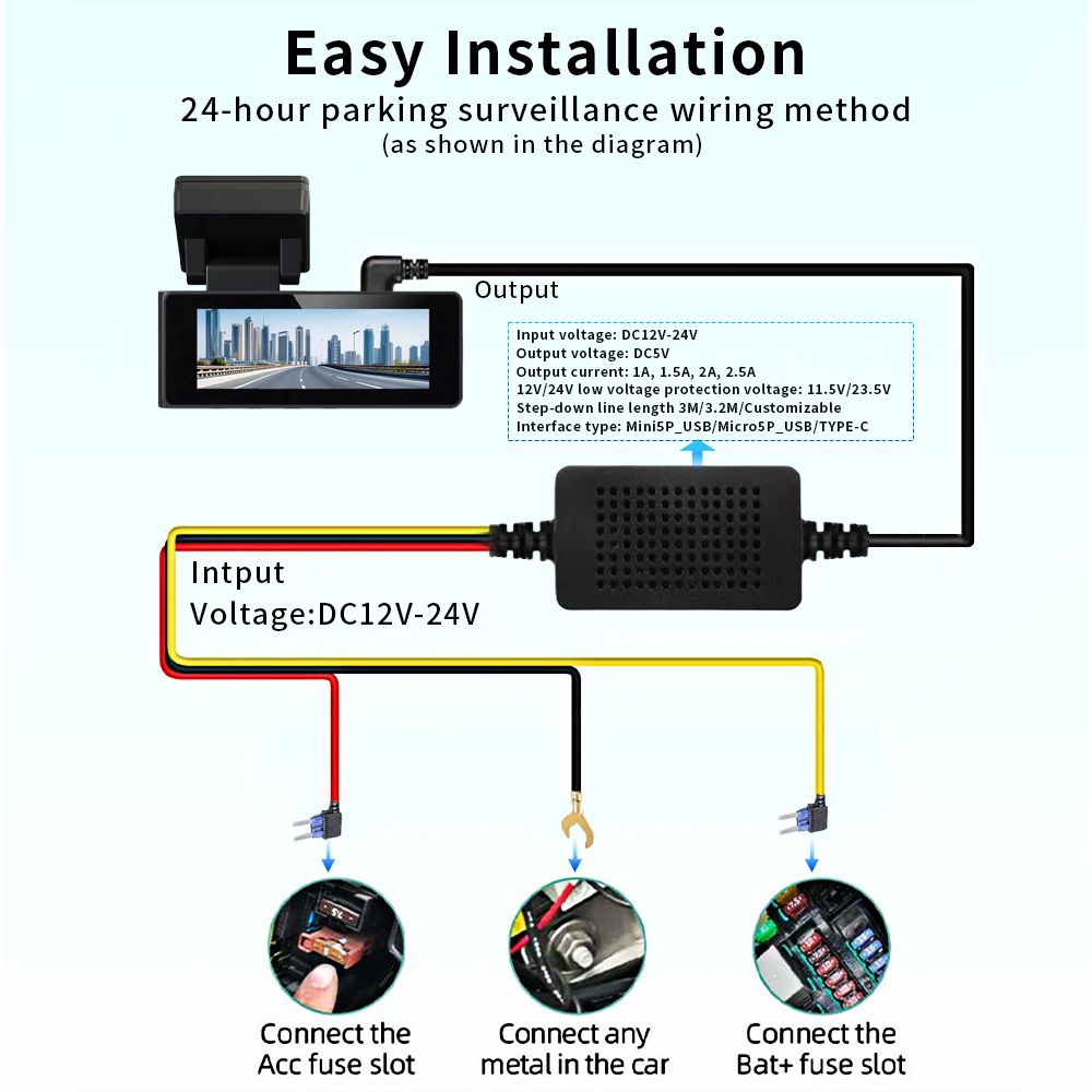 OEM ACC Dash Cam Hardwire Kit 12-24V to 5V 2.5A for DVR Voltage protection Step Down Cable Compatible with Hikvision & DDPAI · image 3