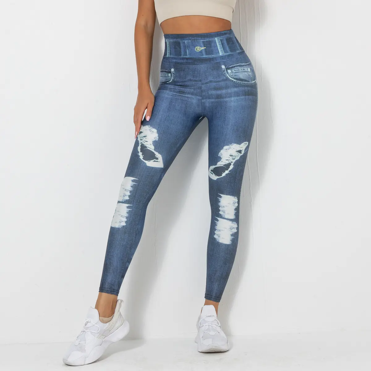 Benutzer definierte Jeans Print Super Soft Stretchy Frauen Enge Sport Laufen Hohe Taille Yoga Hosen Leggings