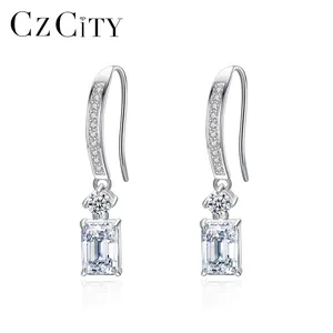 Czcity brincos de gancho de diamante, joias banhadas em prata esterlina 925, corte esmeralda, zircônia cz