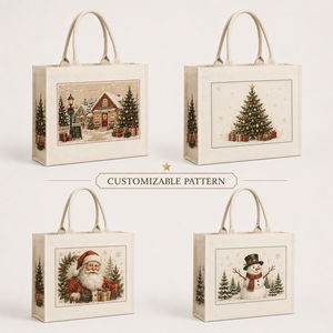 Bolsa de Tela de Algodón Reutilizable y Lavable con Diseño Navideño de Pueblo Nevado, Tienda y Árbol de Navidad Decorado - Product Image 5