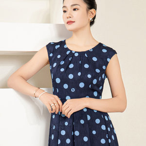 <span class=keywords><strong>Robe</strong></span> midi trapèze décontractée bleu <span class=keywords><strong>marine</strong></span> à pois pour femme, sans manches, taille naturelle, en tissu tissé, imprimé numérique, avec fermetures éclair - Product Image 4