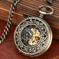 Montre de poche mécanique squelette vintage en bronze ajouré, demi-chasseur, steampunk, à remontage manuel, pour homme, cadeau