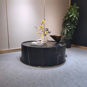 JS Nuevo Diseño de Muebles Sala de Estar <span class=keywords><strong>Mesa</strong></span> de Centro <span class=keywords><strong>Baja</strong></span> Mármol Negro Redondo Dos Capas <span class=keywords><strong>Mesa</strong></span> Auxiliar Metal Dorado para Salón - Product Image 4