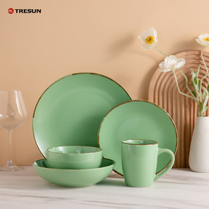 Juego de Vajilla de Gres Color Pastel Macaron, Platos, Tazones y Tazas de Cerámica con Borde Marrón Rústico, Vajilla Colorida al por Mayor - Product Image 6