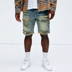 Shorts en jean délavé pour homme, taille mi-haute, coupe droite, ourlet brut, style décontracté d'été - Product Image 1